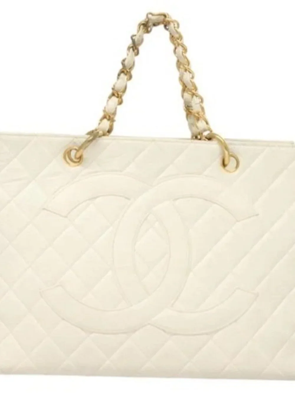 CHANEL Matelasse Chain Hand Bag Grained Calf Skin White Gold CC Auth bs26565